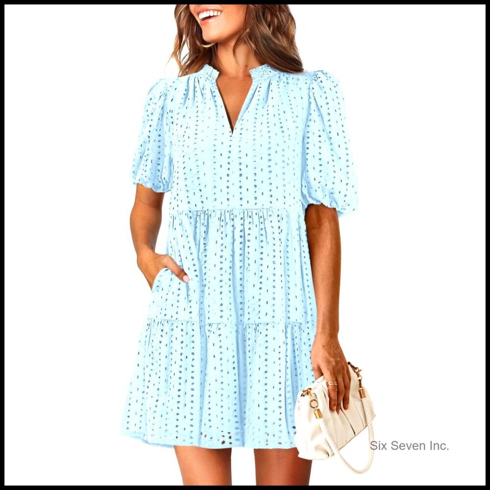 Eyelet Summer Dress Mini Hollow Out Short Sleeve Baby Doll Beach Dress